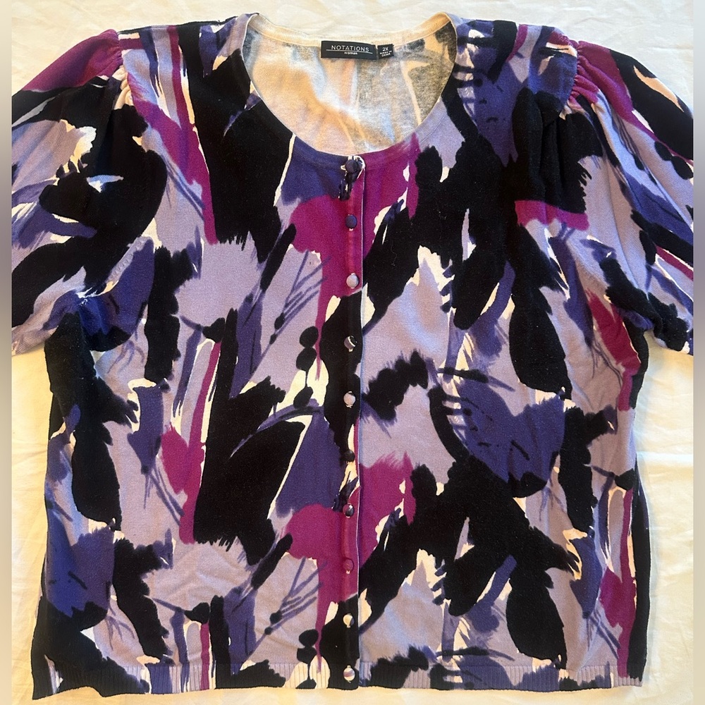 Notations Purple, Black & White Abstract Print Cardigan